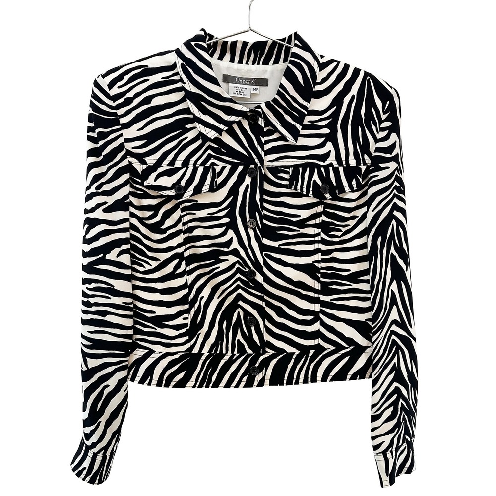 MAGGY L 100% Silk Chic Zebra Print Crop Jacket • 14 Petite • black, white